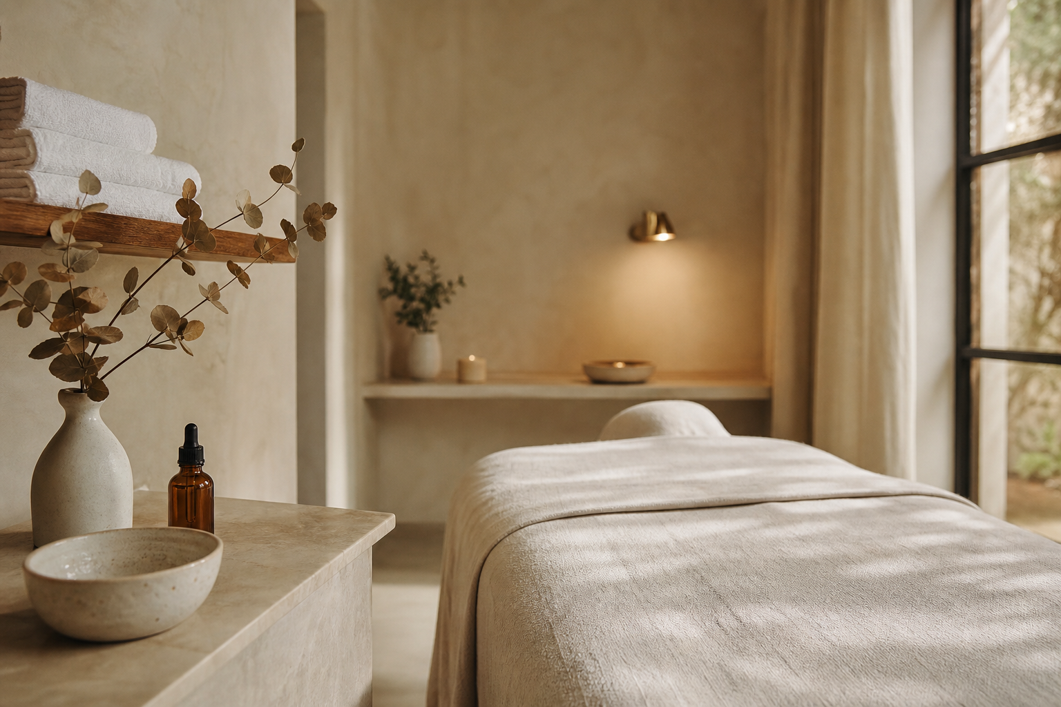 Calm treatment room with folded towels and dried eucalyptus