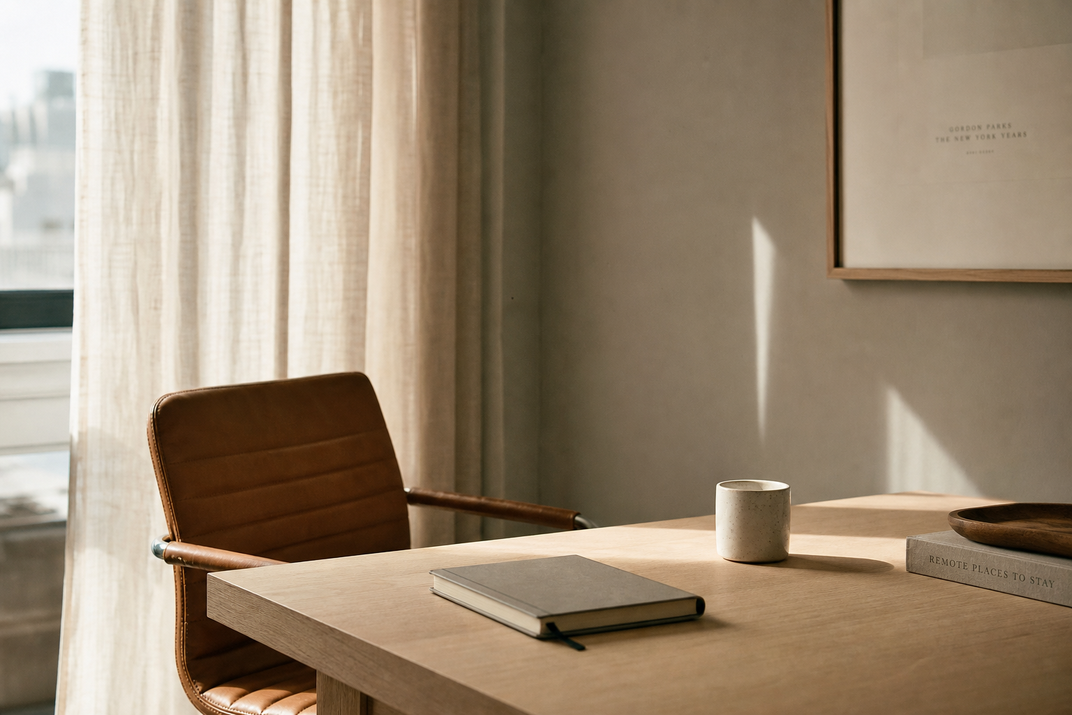 Quiet consultancy office with an oak desk in morning light