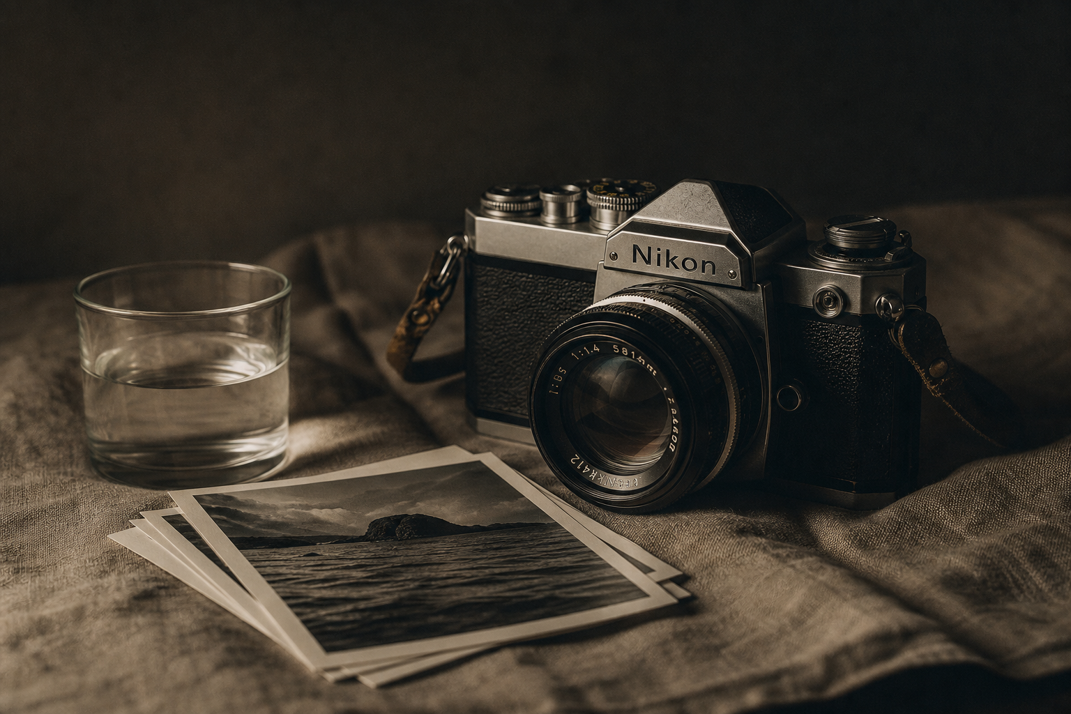 Analogue camera and printed photographs on linen in low light