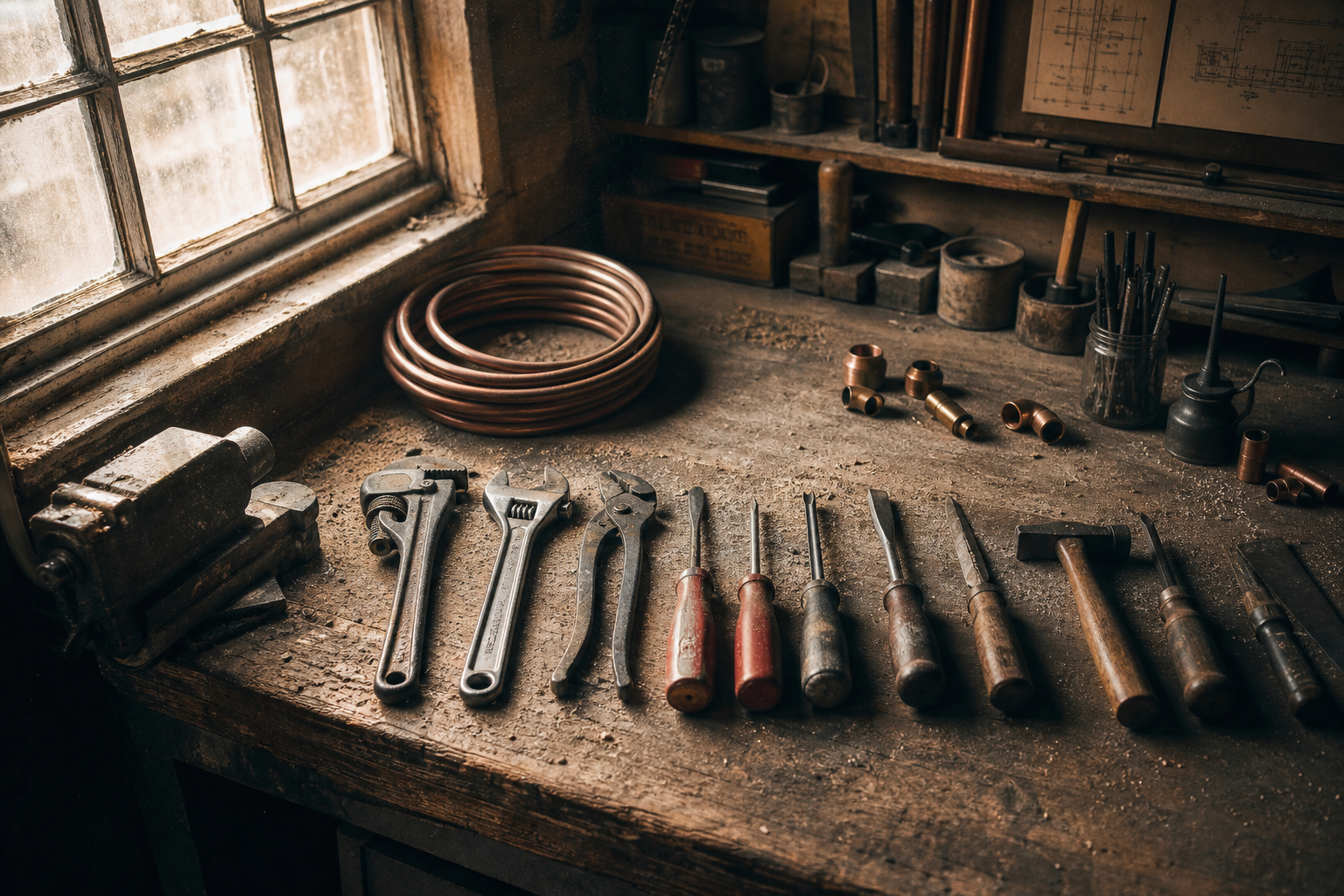 Workbench with hand tools and copper fittings in afternoon light